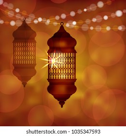 Illuminated arabic lamp, lantern with string of  lights. Modern blurred vector illustration background for muslim community holy month Ramadan Kareem.