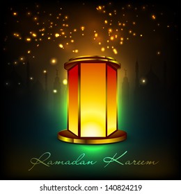 Illuminated Arabic lamp on shiny abstract background for Ramadan Kareem.