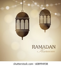 Illuminated arabic lamps, lanterns with string of lights. Golden vector illustration background for Muslim community holy month Ramadan Kareem.