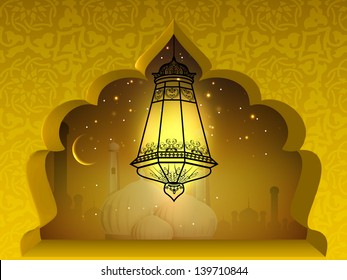 Illuminated Arabic lantern in moonlight night background, concept for Muslim community holy month Ramadan Kareem or Ramazan Kareem.