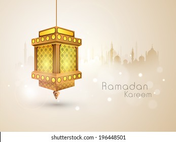 Lanterna árabe iluminada na mesquita com silhueta de fundo marrom brilhante para o mês sagrado da comunidade muçulmana Ramadan Kareem. 