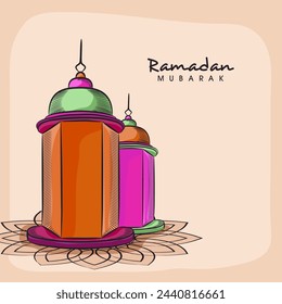 Illuminated arabic lanterns on floral decorated beige background for Islamic holy month of prayers, Ramadan Mubarak celebrations.