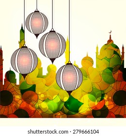 Illuminated Arabic lanterns with shiny floral design decorated creative mosque for Islamic holy month of prayer, Ramadan Kareem celebration.