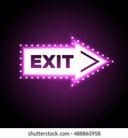 Illuminated arrow shaped 3D exit sign. Escape neon symbol isolated on black background for casino decoration. Vector illustration