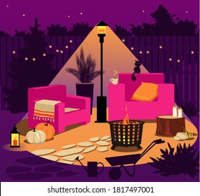 Illuminated Backyard At Night In Fall With A Fire Pit, Patio Heater, Chairs, Gardening Tools And Seasonal Decorations, No People, EPS 8 Vector Illustration