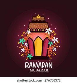 Illuminated beautiful lantern decorated with colorful flowers on purple background for Islamic holy month of prayers Ramadan Mubarak celebrations. 
