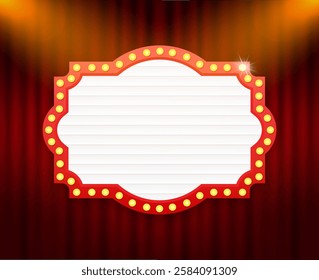 Illuminated blank billboard with glowing lights on red curtain background