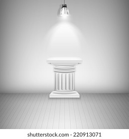 Illuminated Blank Pedestal In Gallery. Vector Illustration.