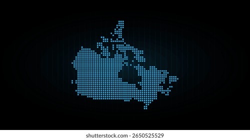 Illuminated blue pixel art depicts Canada's shape, a modern digital map against a dark grid background evoking technology and data representation, perfect for illustrating connectivity and innovation
