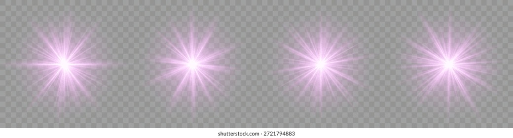 Estrella brillante iluminada. Flash de luz de color púrpura. Lente Estrella clara, color rosa. Rayos de sol violeta, destello de sol con rayos, Ilustración vectorial, eps 10 Decoración de efecto de destello con destellos de rayos.