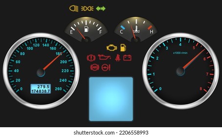 Illuminated Car Dashboard Panel In Full Electric Vehicle. Modern Digital Cluster With Speedometer, Odometer. Vector Illustration. Eps 10.