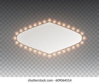 Illuminated casino banner shape with yellow lamps isolated on transparent background. Vector shine frame with bulbs. Las Vegas night party sign. Glowing lights billboard for advertising design