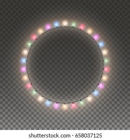 Illuminated Christmas garlands circle isolated on transparent background. Vector shine round string bulbs. Glowing lights decorations set for Xmas, New Year Holiday greeting card design.