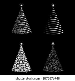 Illuminated christmas tree set. Glowing fir tree with christmas lights collection. Abstract holiday symbol with lights effect. Template design for winter card or backdrop. Vector isolated on black.
