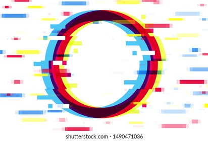 An illuminated circle frame with glitch effect and a place for text Distorted glitch style modern background, glow design for banner, poster, flyer, brochure, card, vector illustration.