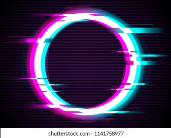 An illuminated circle with glitch effect. Glitched Circle Frame Design. Distorted Glitch Style Modern Background. Glow Design for Banner, Poster, Flyer, Brochure, Card. Glitch Vector illustration.