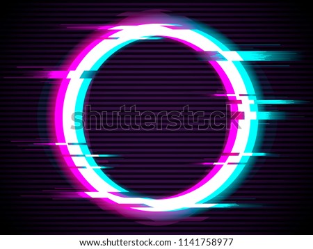 An illuminated circle with glitch effect. Glitched Circle Frame Design. Distorted Glitch Style Modern Background. Glow Design for Banner, Poster, Flyer, Brochure, Card. Glitch Vector illustration.