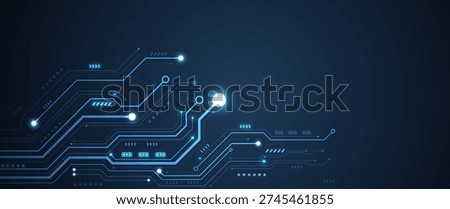 Illuminated circuit traces and glowing electronic nodes form digital data pathways across a dark blue surface featuring geometric microchip structures