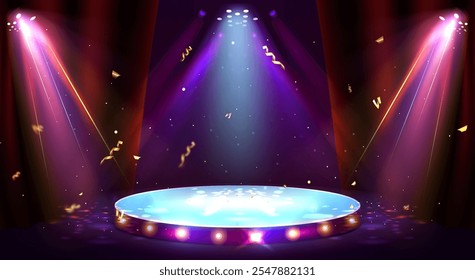 Illuminated circular platform with glowing lights underneath. Spotlight beams and golden confetti scattered around stage with light bulbs for casino winner and gaming presentation and performance.