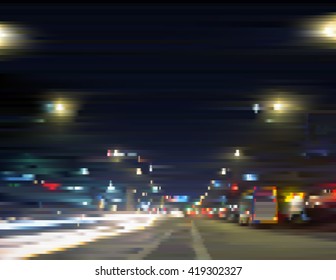 Illuminated city center. Urban streetlights at night. Traffic in motion. Gradient illustration with effect of sliced photo. Background for a poster, cover, business card, invitation, banner, postcard.