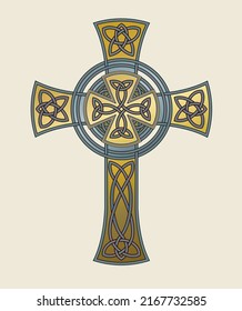 Illuminated, colorful Celtic cross ornament with endless knot designs in gold and silver on a parchment beige background