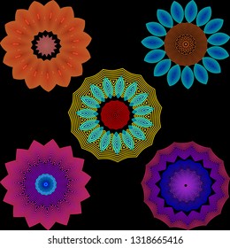 Illuminated colorful flowers pattern set. Neon blurred line art tracery abstract flowers. Floral background with geometric shapes, radial lines, halftone. Blurred flowery design. Vector illustration