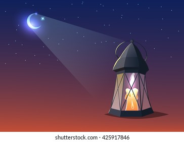 illuminated colorful  lantern against blue night sky with an crescent moon.Ramadan Kareem-muslim holy month.Cartoon vector illustration