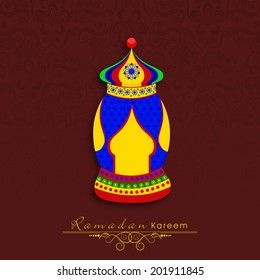 Illuminated colorful lantern on purple background for the holy month of Muslim community Ramadan Kareem. 