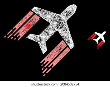 Illuminated crossing mesh aviation with glowing spots on a black background. Illuminated vector constellation is based on aviation picture, with irregular mesh and lightspots.