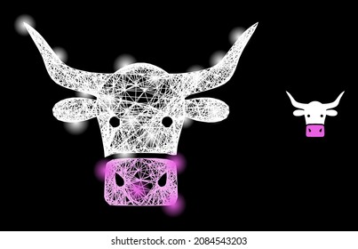 Illuminated crossing mesh beef head with light spots on a black background. Illuminated vector model is based on beef head glyph, with linear mesh and light spots.