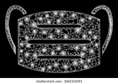 Illuminated crossing mesh covid mask with glowing spots. Vector carcass based on covid mask icon, and with crossed lines. Glowing frame mesh covid mask on a black background.