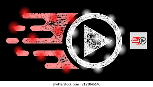 Illuminated crossing mesh move right with light spots on a black background. Light vector constellation based on move right pictogram, with linear mesh and light spots.