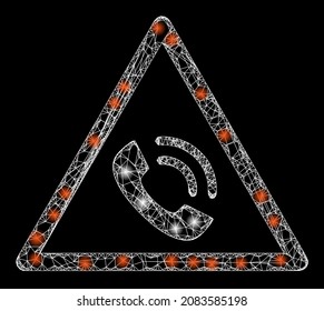 Illuminated crossing mesh phone call warning with light spots. Vector frame based on phone call warning icon, and with crossed lines. Sparkle frame mesh phone call warning on a black background.