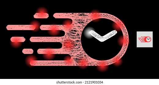 Illuminated crossing mesh speed time with light spots on a black background. Light vector mesh is created from speed time pictogram, with irregular net and light spots.