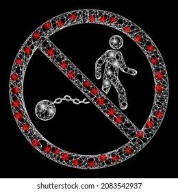 Illuminated crossing mesh stop slavery with glowing spots. Vector frame created from stop slavery icon, and from intersected lines. Glowing frame mesh stop slavery on a black background.
