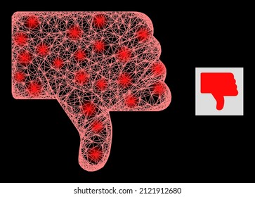 Pulgar iluminado cruzando malla con manchas claras sobre un fondo negro. Estructura vectorial iluminada basada en el símbolo de caída del pulgar, con red rayada y manchas luminosas.
