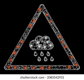 Aviso de tormenta de malla cruzada iluminada con puntos brillantes. Carcasa vectorial creada a partir del icono de aviso de tormenta de lluvia y de las líneas de cruce.