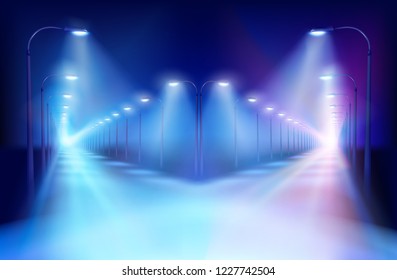 Illuminated crossroad at night. Vector Illustration.