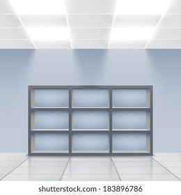 Illuminated department store display empty shelves vector illustration