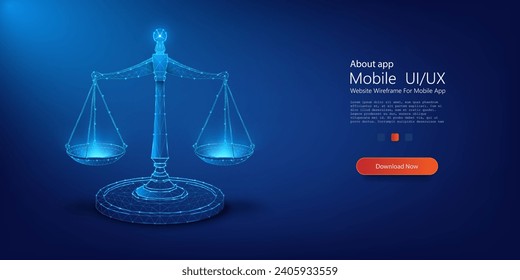 Illuminated Digital Scale of Justice: Symbolic Representation of Law and Order in Cyberspace. Futuristic justice, law judgement concept with glowing low polygonal isolated vector illustration