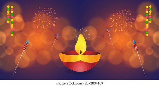 illuminated diyas Oil Lamps and firecracker ( rocket ) on blurred bokeh background for Diwali celebration.