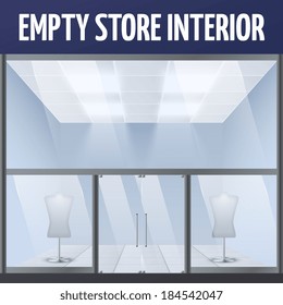 Illuminated empty department store building interior with dress forms vector illustration.