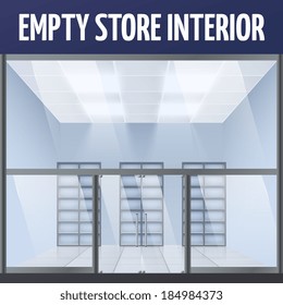 Illuminated empty department store building interior with shelves vector illustration