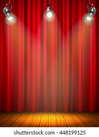 Illuminated empty stage with red curtain of glowing material wooden floor hanging floodlight vector illustration