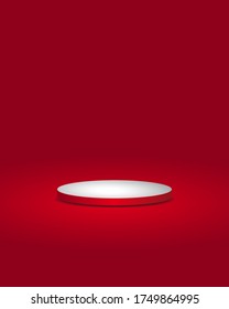 Illuminated Festive Stage Podium With Lamps On Red.
Realistic 3d pedestal mock up with empty space, red carpet and light. Background, platform, display for presentation.