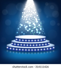 Illuminated Festive Stage Podium with Lamps on Blue Background 