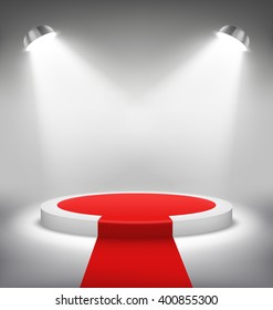 Illuminated Festive Stage Podium Scene With Red Carpet For Award Ceremony On White Background