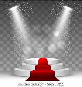 Illuminated Festive Stage Podium Scene with Red Carpet for Award Ceremony