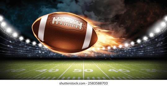 Illuminated football field and oval leather American football ball on fire.  Highly realistic illustration.