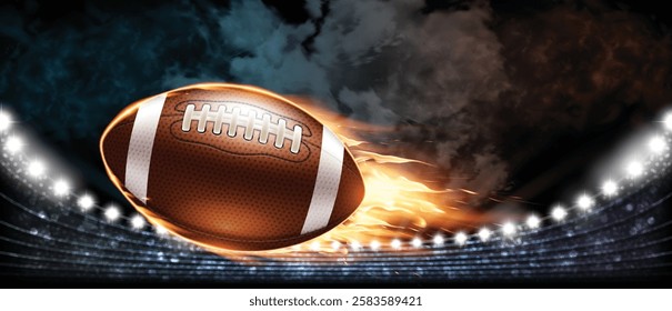 Illuminated football field and oval leather American football ball on fire.  Highly realistic illustration.